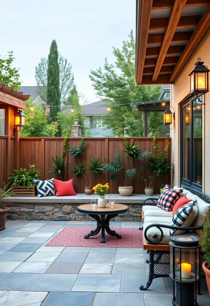 Enhance the charm of your backyard with a vintage-themed ⁢patio featuring built-in‍ wooden benches,complemented by classic lanterns and a charming trellis