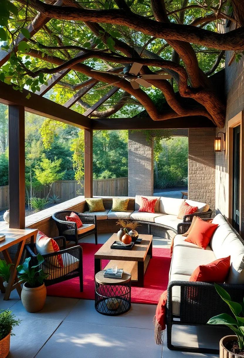 Enjoy the blend of nature and architecture in a treehouse-style patio with built-in seating that offers a⁣ high-up view of ​your backyard sanctuary