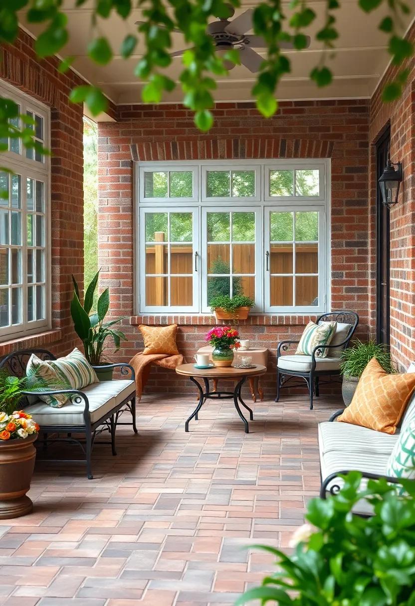 Enjoy the charm of a⁣ vintage brick patio with built-in seating that‍ features charming⁣ wrought iron details, perfect for sipping tea ‌or coffee