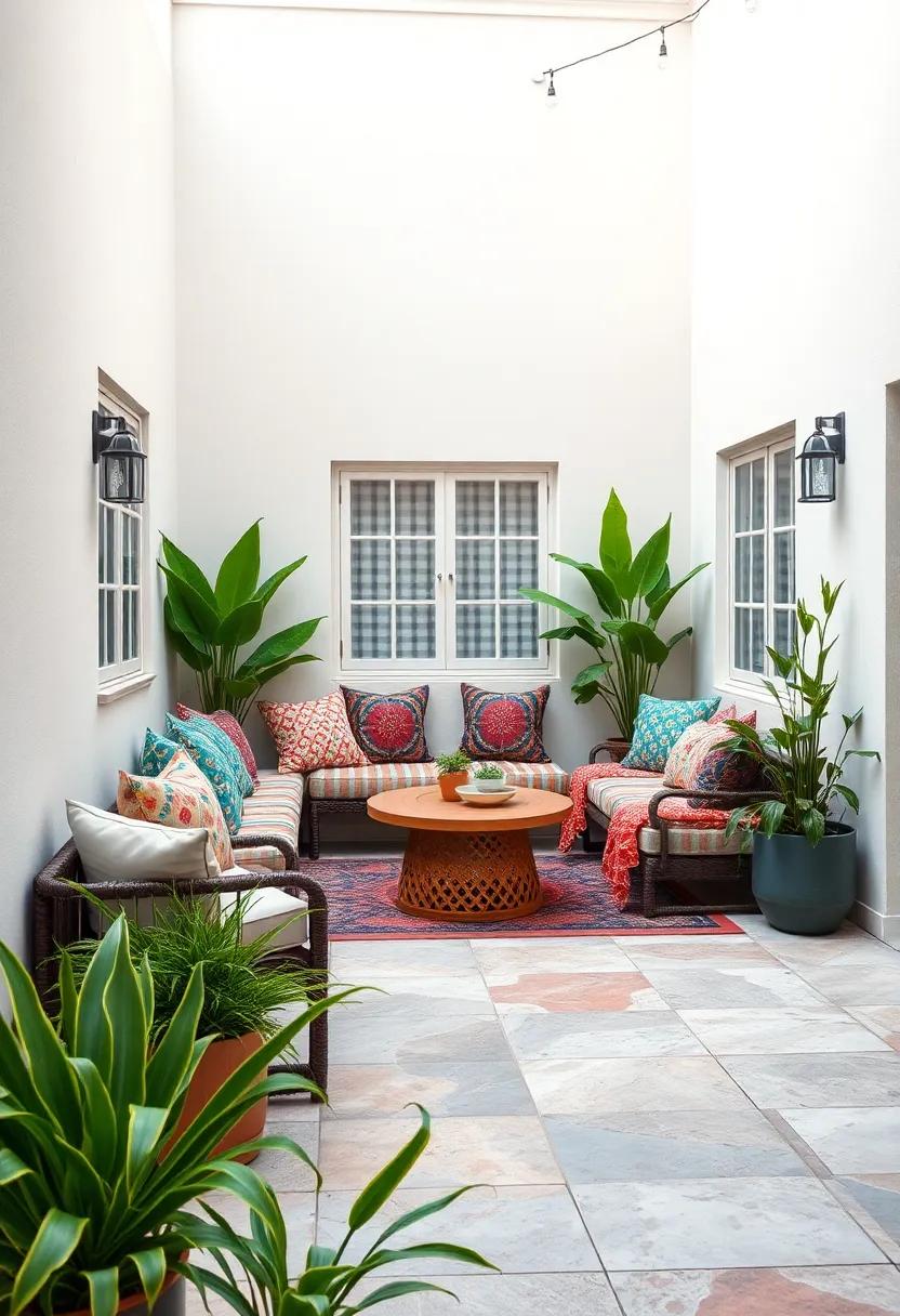 Experience a bohemian vibe on a colorful patterned patio, ‍where built-in bench seating is draped with vibrant cushions and surrounded by potted plants