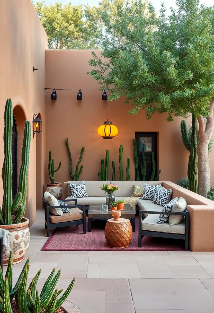 Experience the warmth⁢ of a southwestern-style patio featuring adobe-style‍ built-in seating,⁣ surrounded by cacti and desert flora for ‍a unique‌ twist