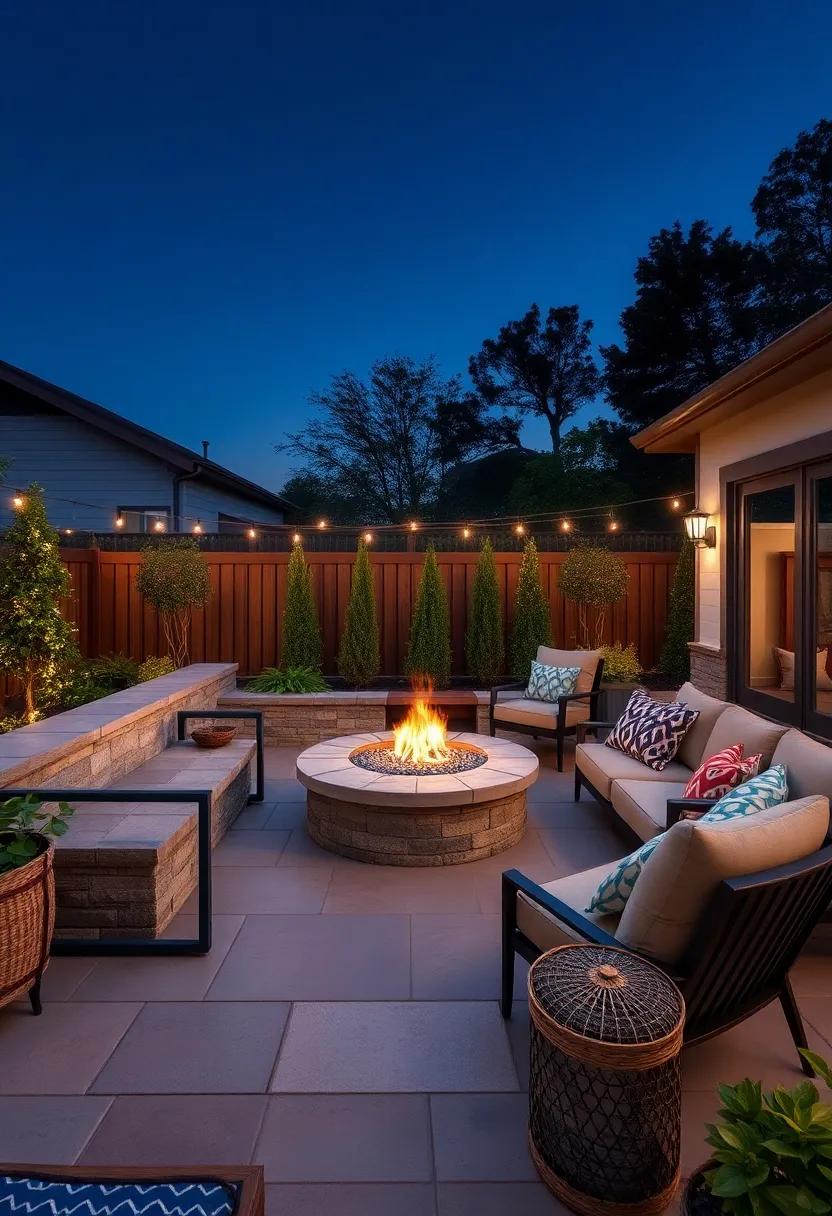 Experience the ⁣warmth of a fire-themed⁢ patio with built-in‌ seating arranged⁣ around a central fire bowl, perfect for cozy ​evenings under the ⁢night sky