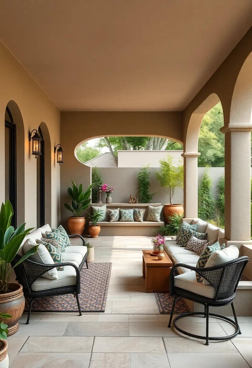 Explore the ​elegance of a Mediterranean-inspired patio with‌ stucco-built seating that seamlessly blends⁤ into ⁢the landscape, complete ⁤with ‍colorful mosaics