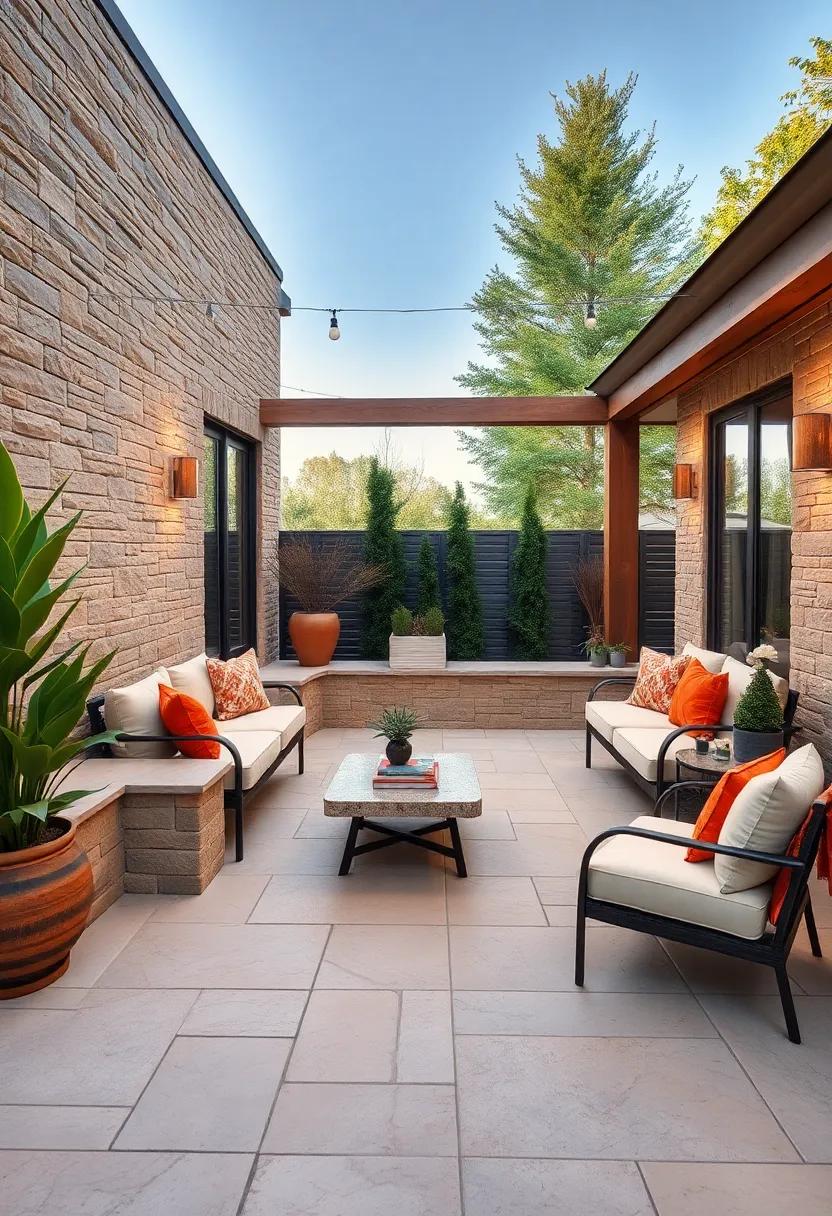 Immerse yourself in nature with​ a stone-built patio, where seating is ‍integrated into the landscape,​ creating⁤ a seamless transition between indoors and ⁤outdoors