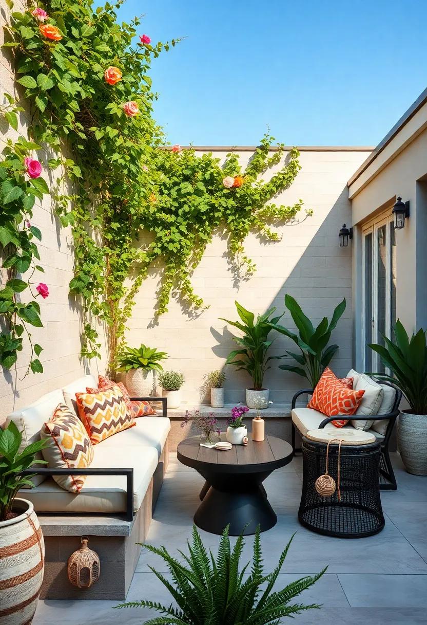 Indulge in a garden-themed patio where built-in seating​ is adorned with ‍climbing vines and fragrant ‍flowers, offering a sensory ⁤delight in⁢ every corner