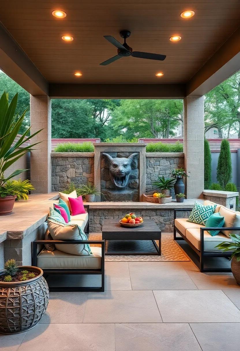 Indulge in a⁣ luxurious patio ⁤experience with plush built-in seating set against a waterfall feature, inviting tranquility and relaxation in your outdoor space