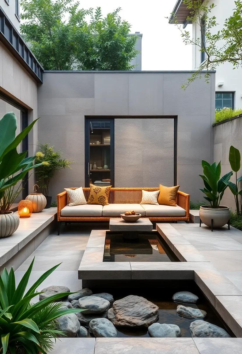 Revel in a⁢ zen-inspired patio with built-in seating made of bamboo,surrounded by smooth stones and a ​serene water feature for a calming atmosphere