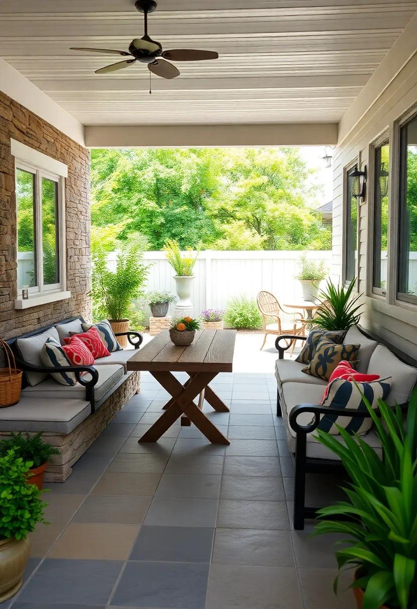 Savor the⁣ charm of ⁤a farmhouse-style ‍patio​ featuring rustic built-in benches and a wooden table, perfect for‍ family⁢ gatherings or weekend brunches
