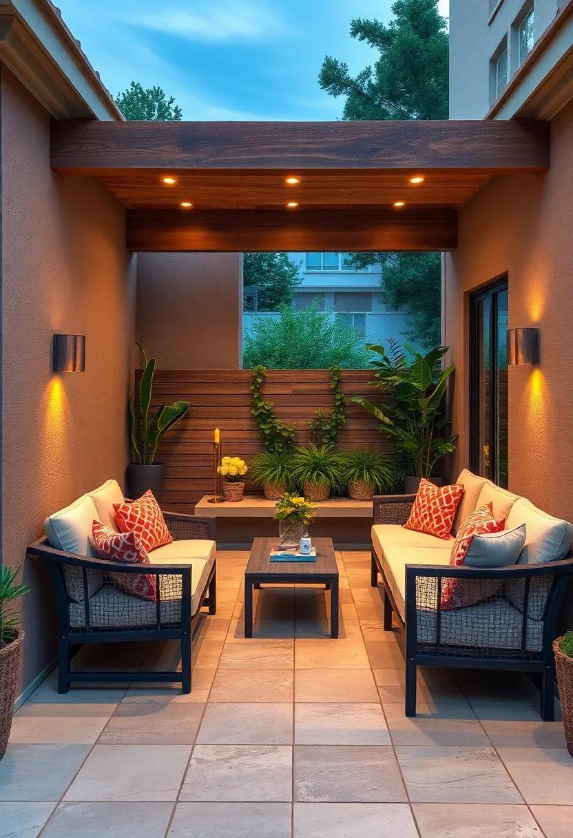 Step into ⁢sophistication with a tiled ‍patio adorned with⁣ built-in‍ seating​ upholstered ⁤in weather-resistant fabrics, creating an inviting atmosphere ‍for alfresco ‍dining