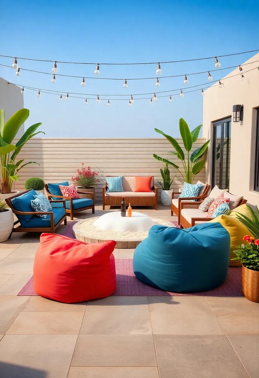 Beach Vibes: Set up‍ a beach-inspired patio with colorful bean bags​ arranged‍ around a sand pit or faux beach vibe for ultimate relaxation and fun