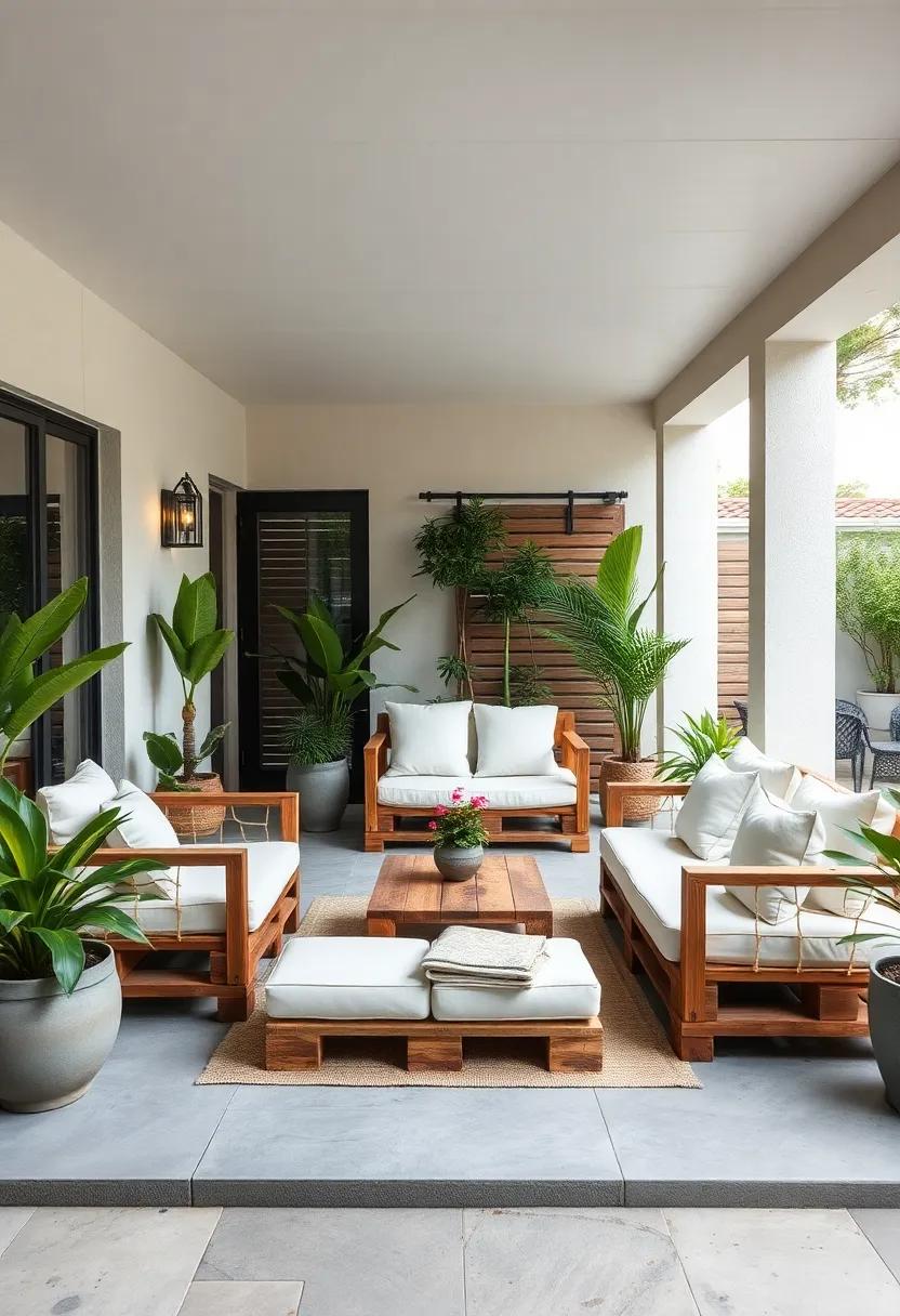 Embrace​ Minimalism:‌ This serene patio lounge ⁢showcases‍ sleek pallet furniture arranged⁢ for a clutter-free oasis. Think⁣ simple seating ‌with⁢ white cushions, surrounded by potted plants to‍ create a tranquil​ retreat