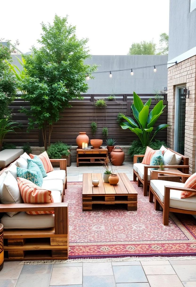 Outdoor Living room:​ Create ⁢an inviting living room atmosphere⁢ outdoors with comfy pallet ‍sofas, an outdoor rug, and a coffee table. Use floor cushions for extra seating and instant charm
