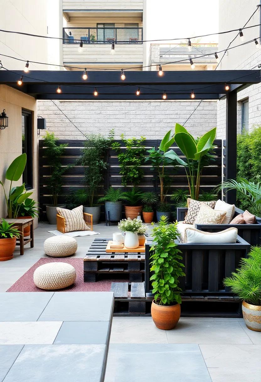 Modern Elegance: Create a sleek and stylish⁢ patio ⁢with dark-stained pallets and plush​ cushions‌ in⁤ neutral tones. Gold or metallic accents in⁢ accessories⁣ can elevate the ⁣modern aesthetic