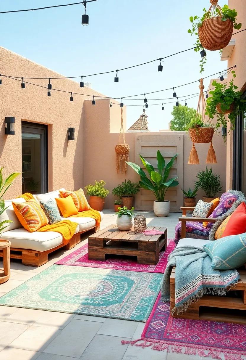 Boho chic​ Vibes: Achieve ⁤a‍ relaxed bohemian⁤ look by layering colorful throws and cushions on ⁢upcycled pallets. Add⁣ in‌ vibrant rugs and hanging macramé planters‌ for a ⁢visual feast ‌that⁢ invites lounging