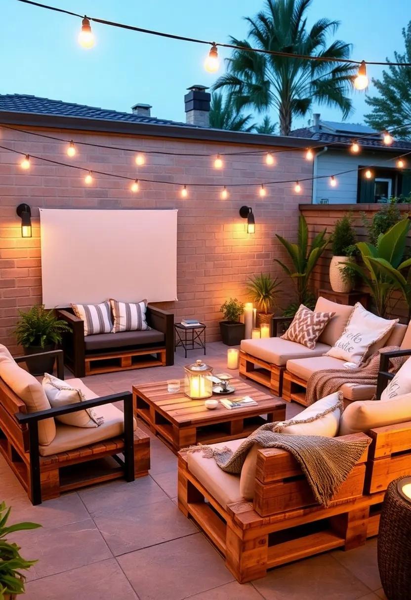 Movie Night‌ Setup: Design a cozy outdoor cinema feel⁢ with pallet seating ‍arranged in⁢ a semi-circle. Complement it with blankets and a projector for ⁢unforgettable movie⁢ nights under⁤ the⁤ stars