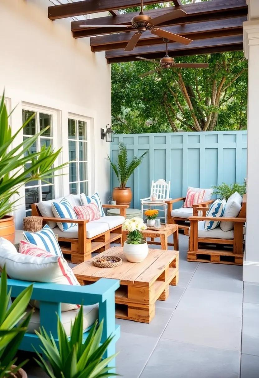 Coastal Breeze: Transform your outdoor space into a beachy haven with sea-inspired colors.​ Hand-painted​ pallet furniture ​accented ⁣with⁤ nautical‍ decor brings the ‌ocean vibe right to your backyard