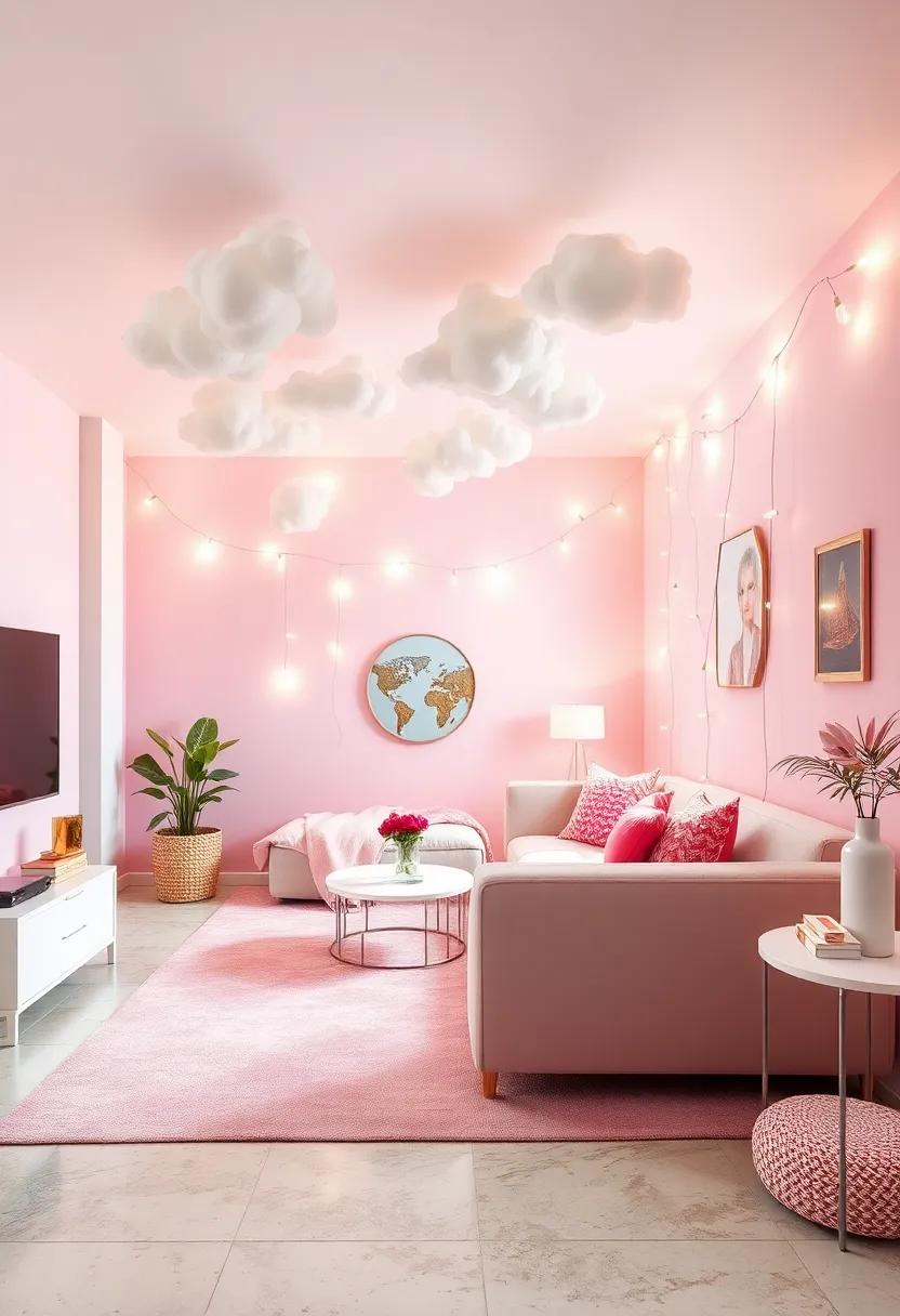 Dreamy Fairy-Tale Haven: Transform⁣ your space into ⁣a whimsical retreat with floating clouds and twinkling lights adorning pink-hued walls