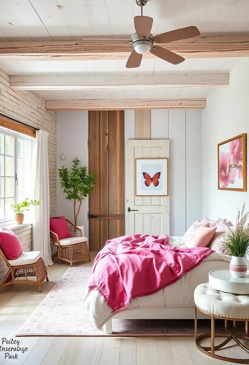 Rustic barn Inspiration: Use reclaimed wood accents painted white alongside pink textiles for a charming rustic aesthetic brimming with character