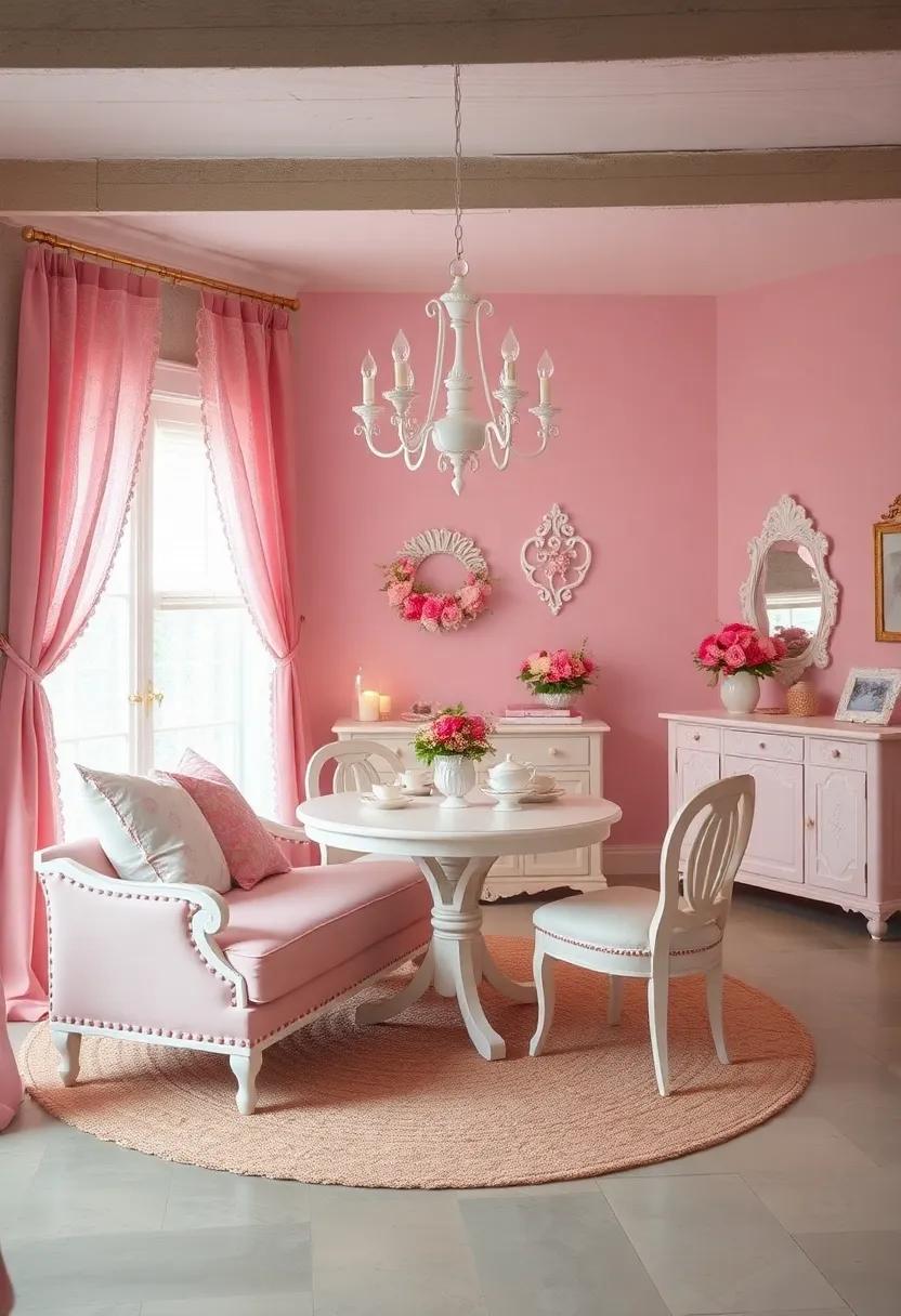 Vintage tea Party Vibes: ⁣Create a charming shabby-chic look with pastel pink furniture, lace curtains, and white antique decorations reminiscent of an elegant tea party