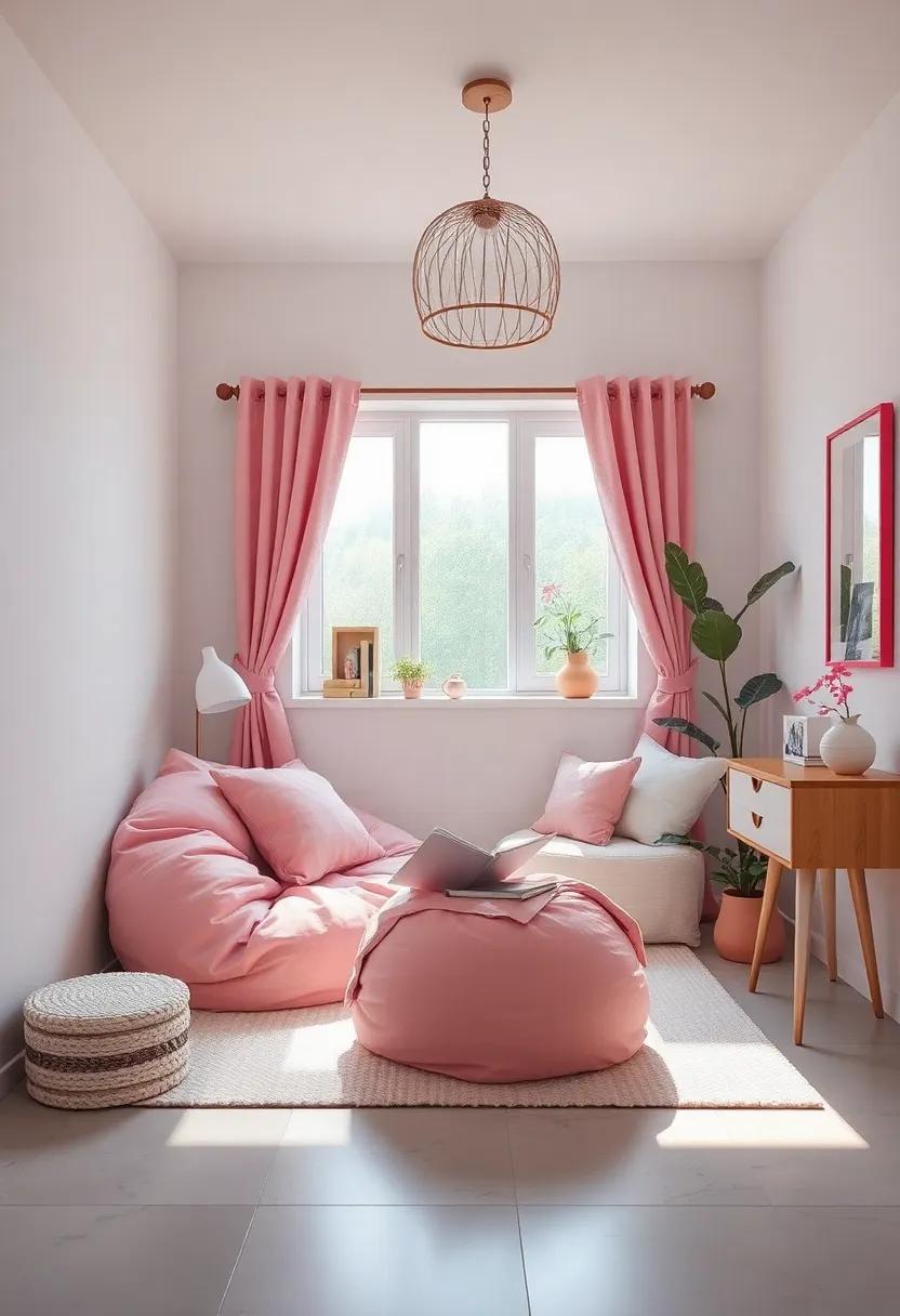 Cozy Reading​ Nook: Curate a comfy corner with a fluffy pink bean bag and‍ soft cushions, inviting hours of reading in‌ a serene environment