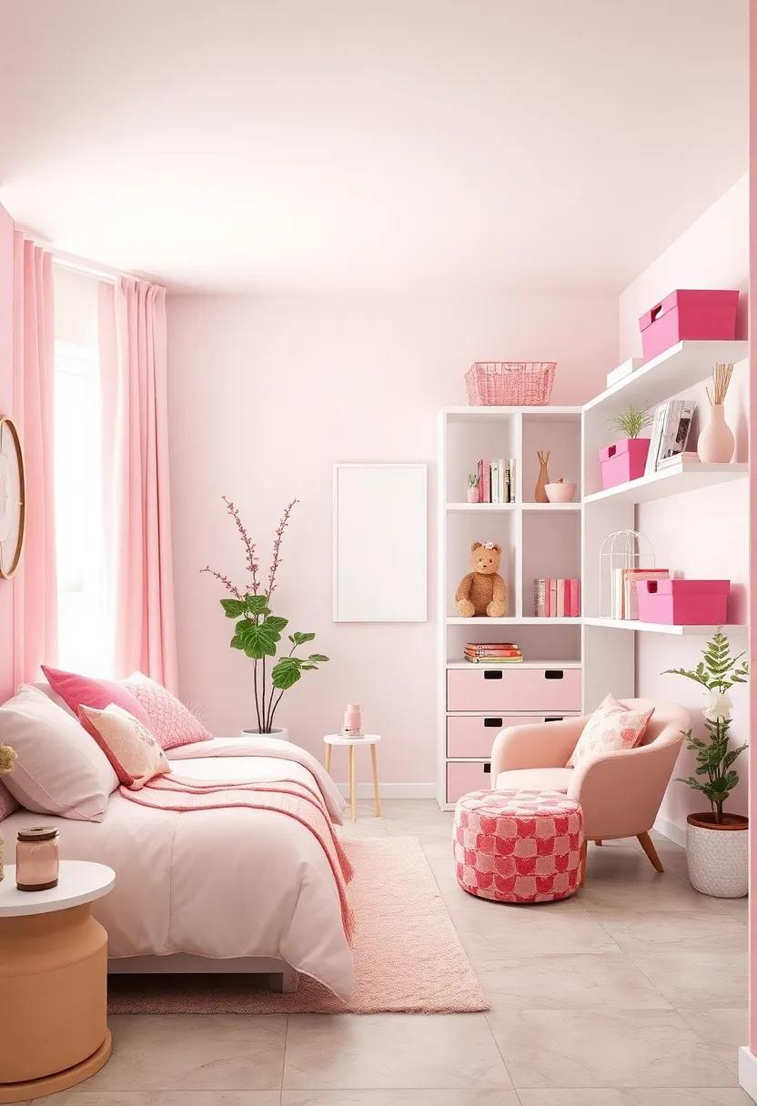 Stylish Storage Solutions: Opt for decorative pink bins and white shelves that keep clutter at bay while enhancing the decor⁣ with ⁣functional ⁣elegance