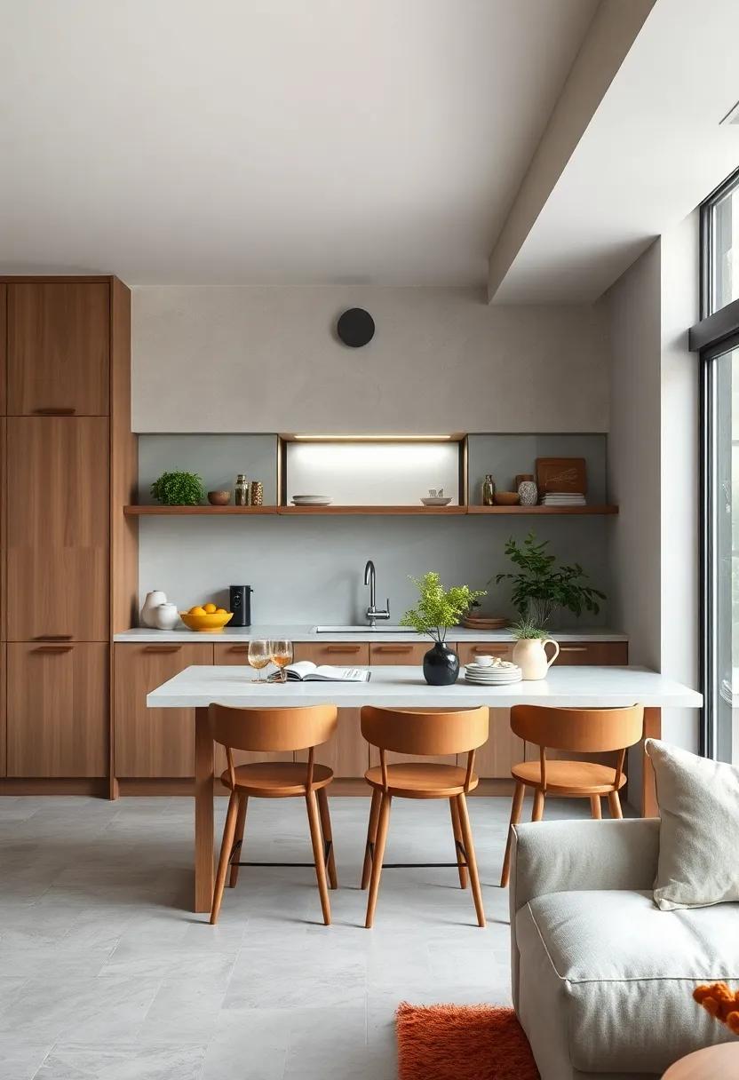 Embrace Minimalism: A sleek, slim breakfast bar with no frills invites a serene start to your day while using ⁣less space