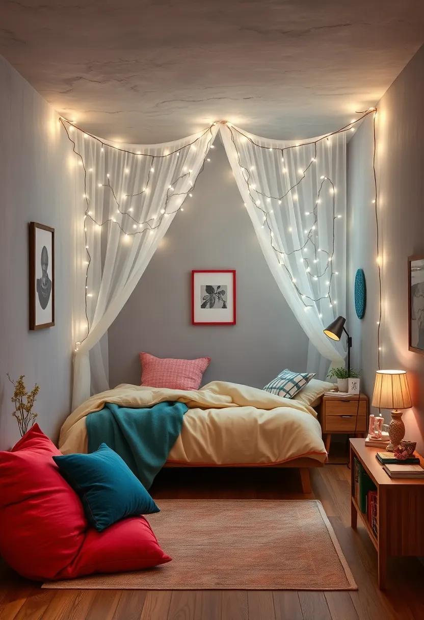 Twinkling‌ Canopy:‌ Drape‍ fairy lights over your bed to create a⁢ magical ‌canopy that instantly ‌elevates your​ sleep ‍space