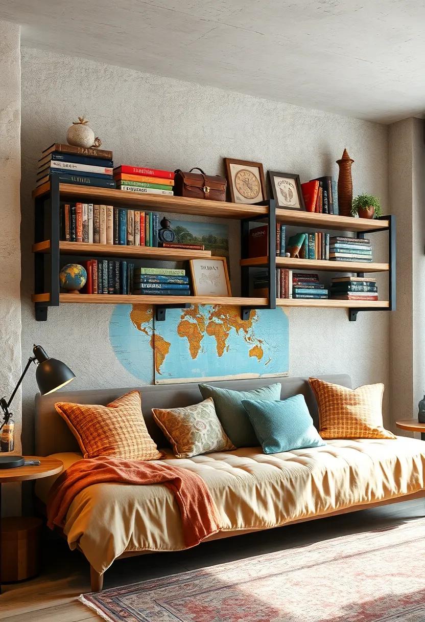 Rustic Travel Shelves: Install wooden shelves with a distressed finish to display travel books and memorabilia