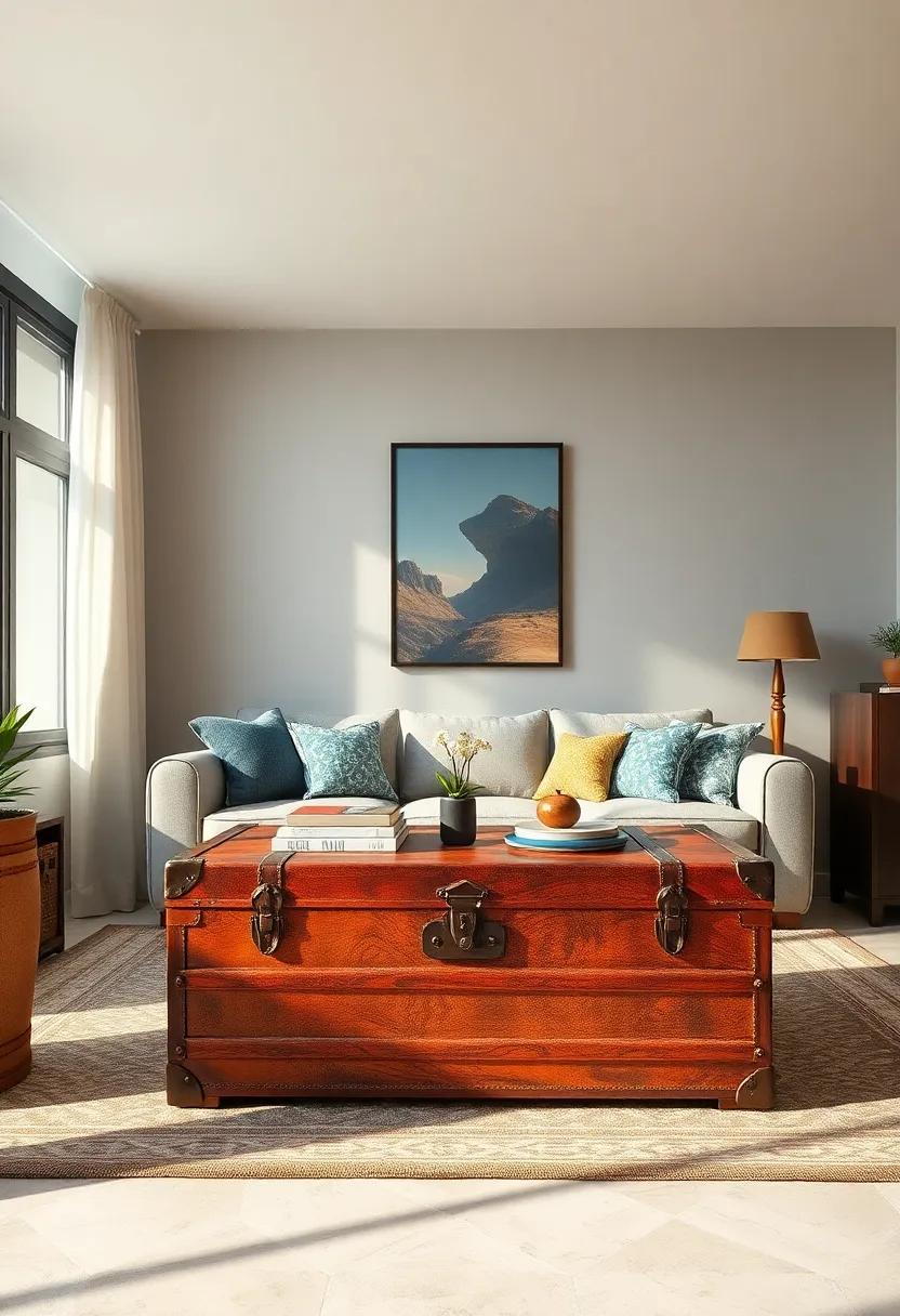 Vintage ⁢Trunk Coffee Table: use a restored trunk‌ as a coffee table, perfect ‍for both storage and‌ aesthetic appeal