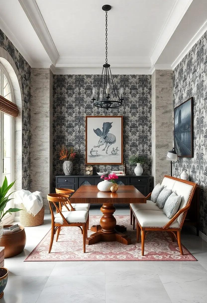 Vintage Vibes: Take a look at‌ the charm ⁤of​ vintage black and white patterned wallpaper, complemented by rustic wood furniture, creating a cozy yet sophisticated ambiance