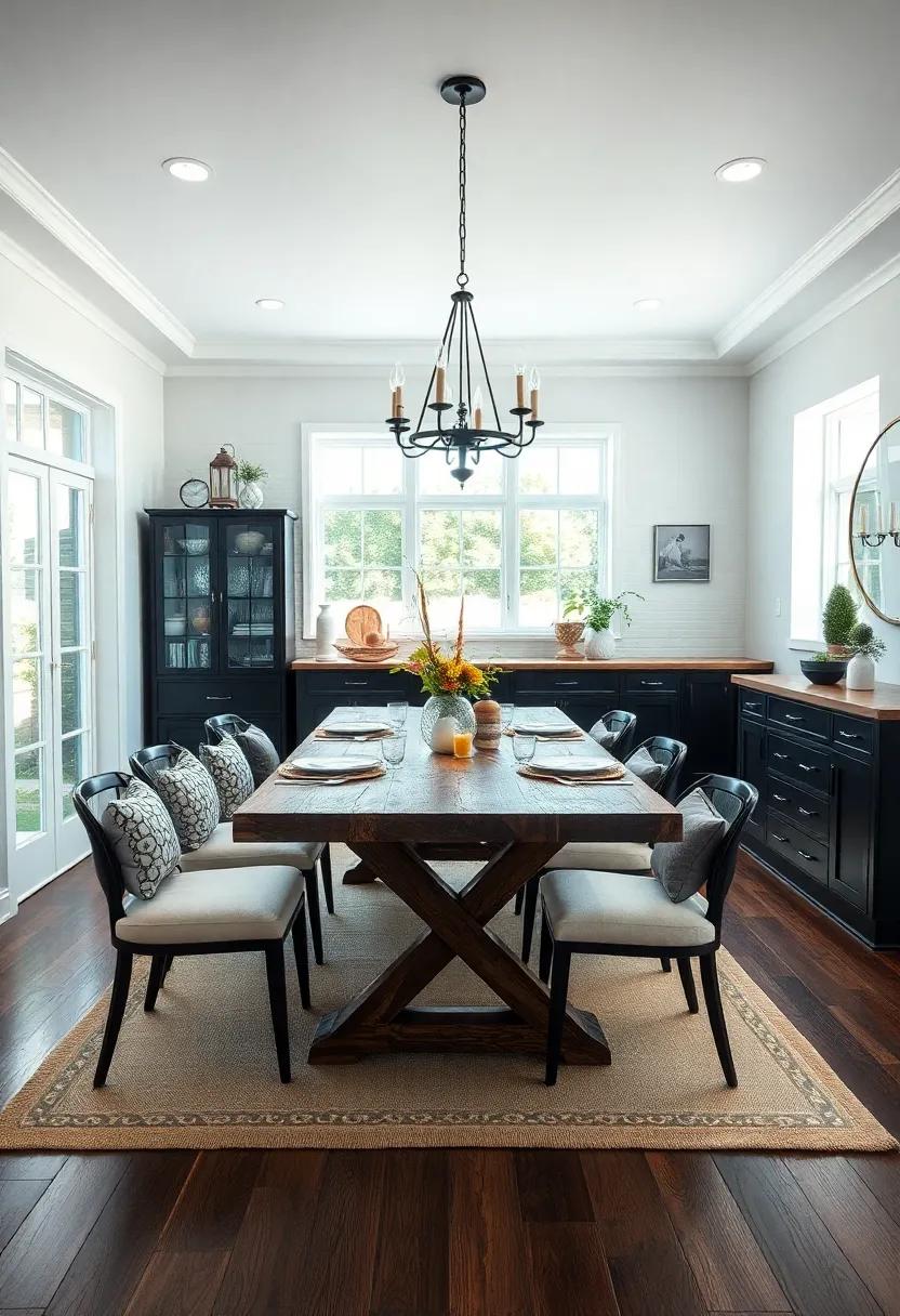 Farmhouse Charm: Uncover‍ the beauty of a rustic farmhouse dining room, complete with a‍ reclaimed wood table and black cabinetry,⁣ blending ⁤modern comfort with traditional style