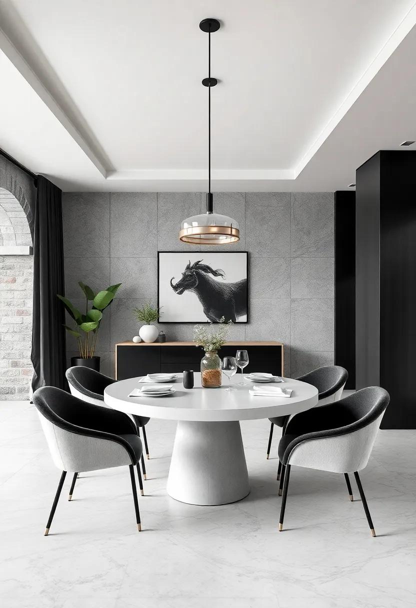 Contemporary Chic: Investigate the modern elegance of⁣ rounded tables and curved chairs, all in‌ striking monochrome ‌tones, offering a fresh twist on ​traditional dining setups