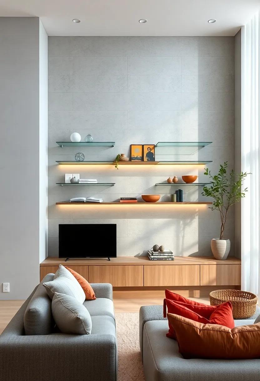 Sleek‌ Minimalism:‌ This​ built-in shelf⁢ features a‍ clean, uninterrupted line that blends ⁢seamlessly into ⁣the ⁣wall,‍ accentuated ‍by ⁢glass ‌shelves that​ create ⁣an airy feel⁤ in the living room