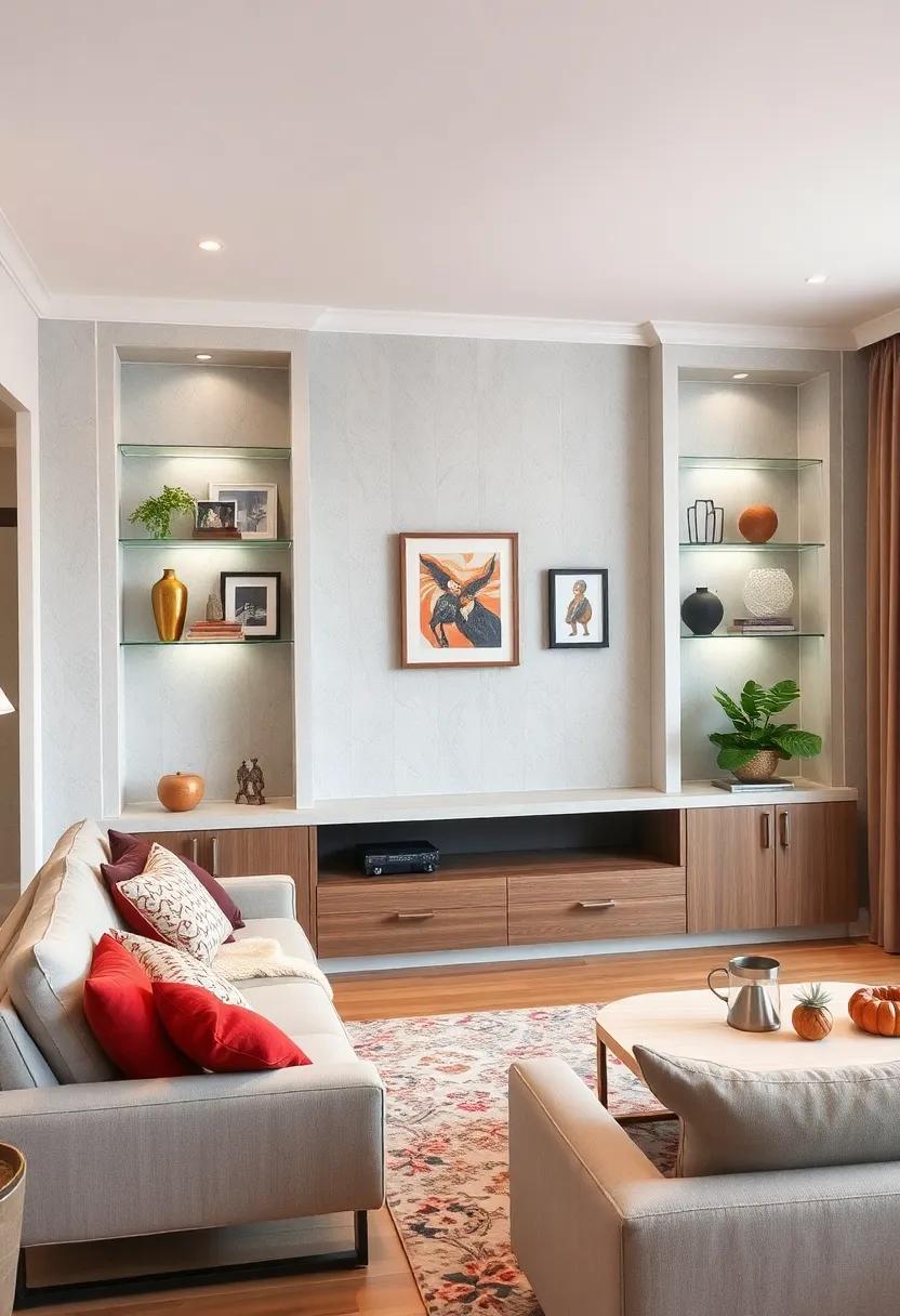 Artful Arrangement: Built-in shelves that⁣ are artfully arranged create an eclectic display, with​ glass shelves serving as⁢ a⁣ canvas ⁤for showcasing ‍artwork and unique finds