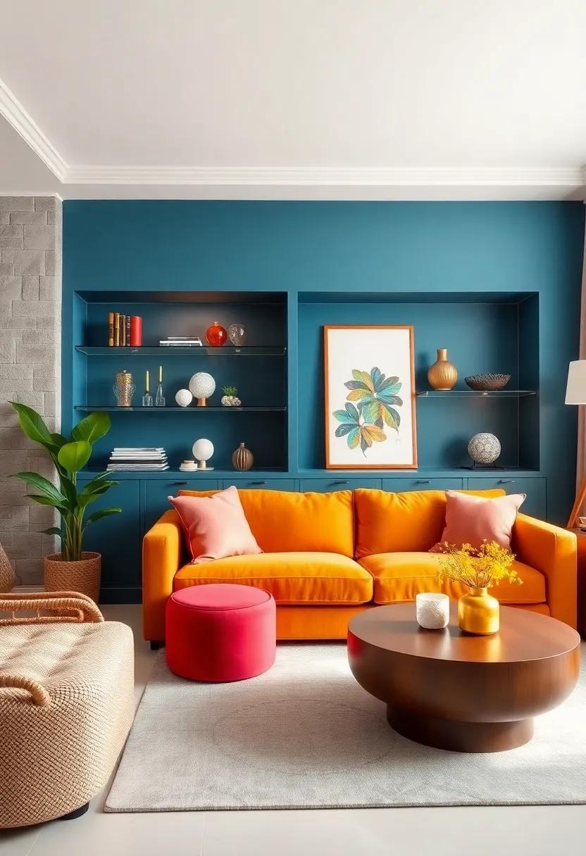 Color Pop: Infuse‍ personality into your living⁢ room⁤ with built-in shelves painted in ​a vibrant hue, showcasing​ glass⁣ shelves that highlight bright⁤ decor against a striking backdrop