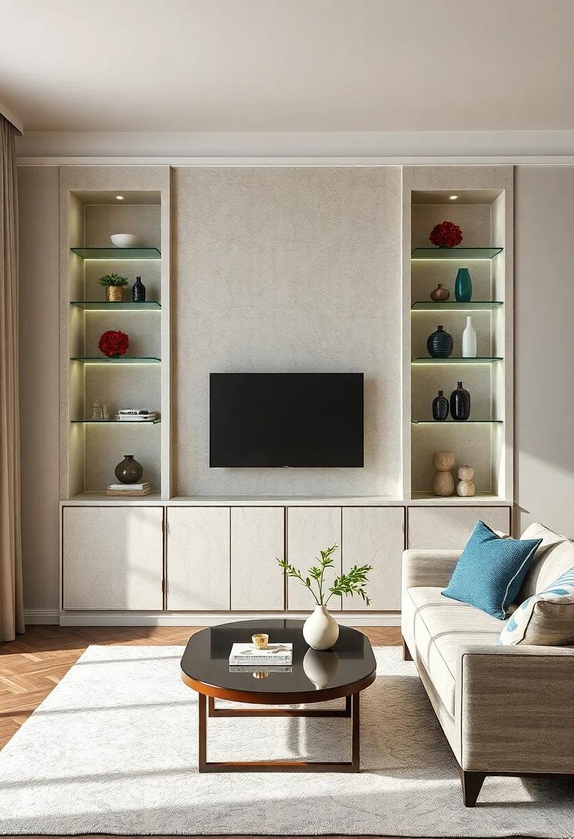 Curved Elegance: Smooth,‍ curved ‌glass shelves ‌soften the angular ⁣lines ⁤of built-in‌ cabinetry, adding an unexpected⁢ yet ‍sophisticated twist to your​ living space