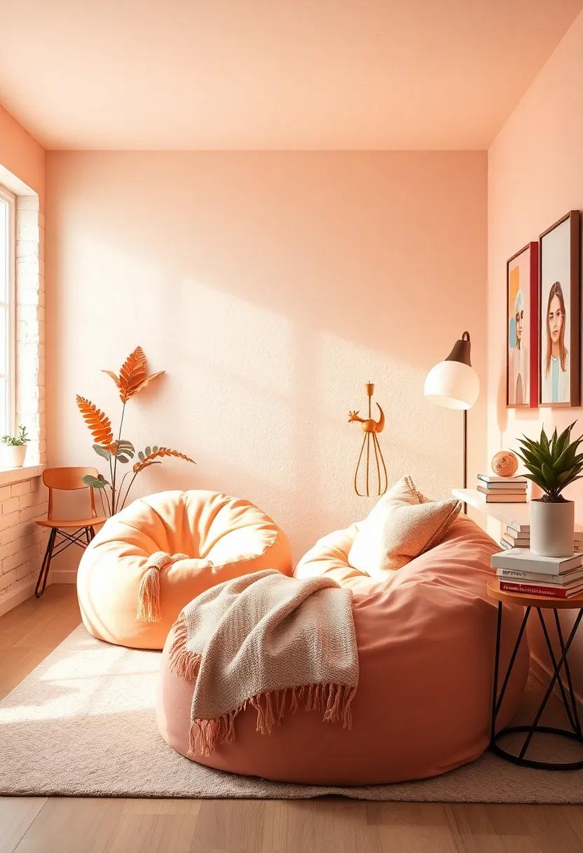 Create a ⁢Cozy Reading Nook: Add​ a ‍plush bean bag or an oversized chair in peach ​to invite relaxation and creativity