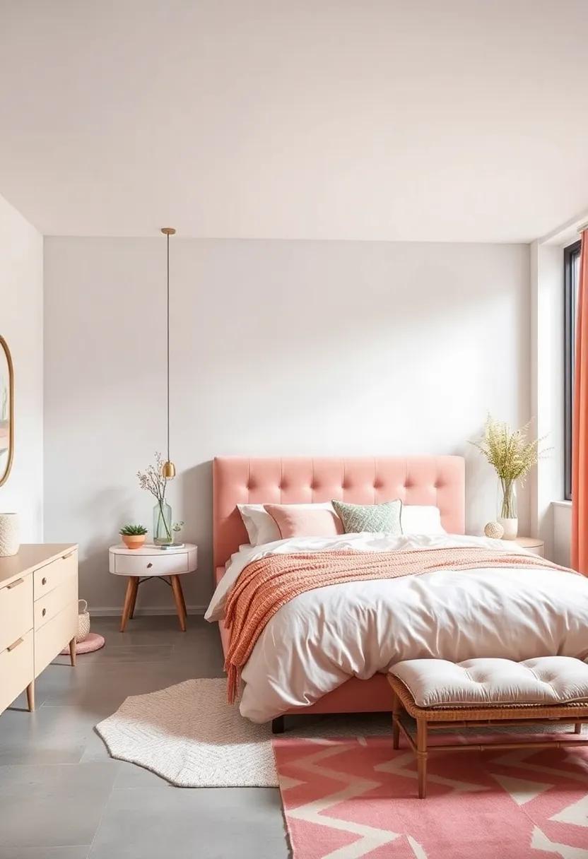 Choose a ‍Statement Bed: Opt ‌for a stylish ⁢bed frame ‌in pastel peach ⁢to‍ become the focal point of the room