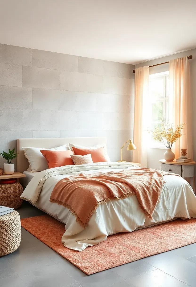 Layer with Textiles: Mix cream and peach throw pillows ‌and a ⁢cozy blanket on the bed for⁢ added warmth and texture