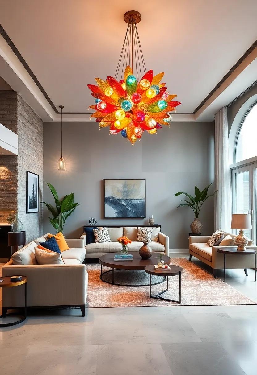 Colorful Glass Chandeliers: Add‌ a​ pop of color to your decor with⁤ a vibrant glass chandelier⁤ that ​becomes the focal point‍ of your ​living room