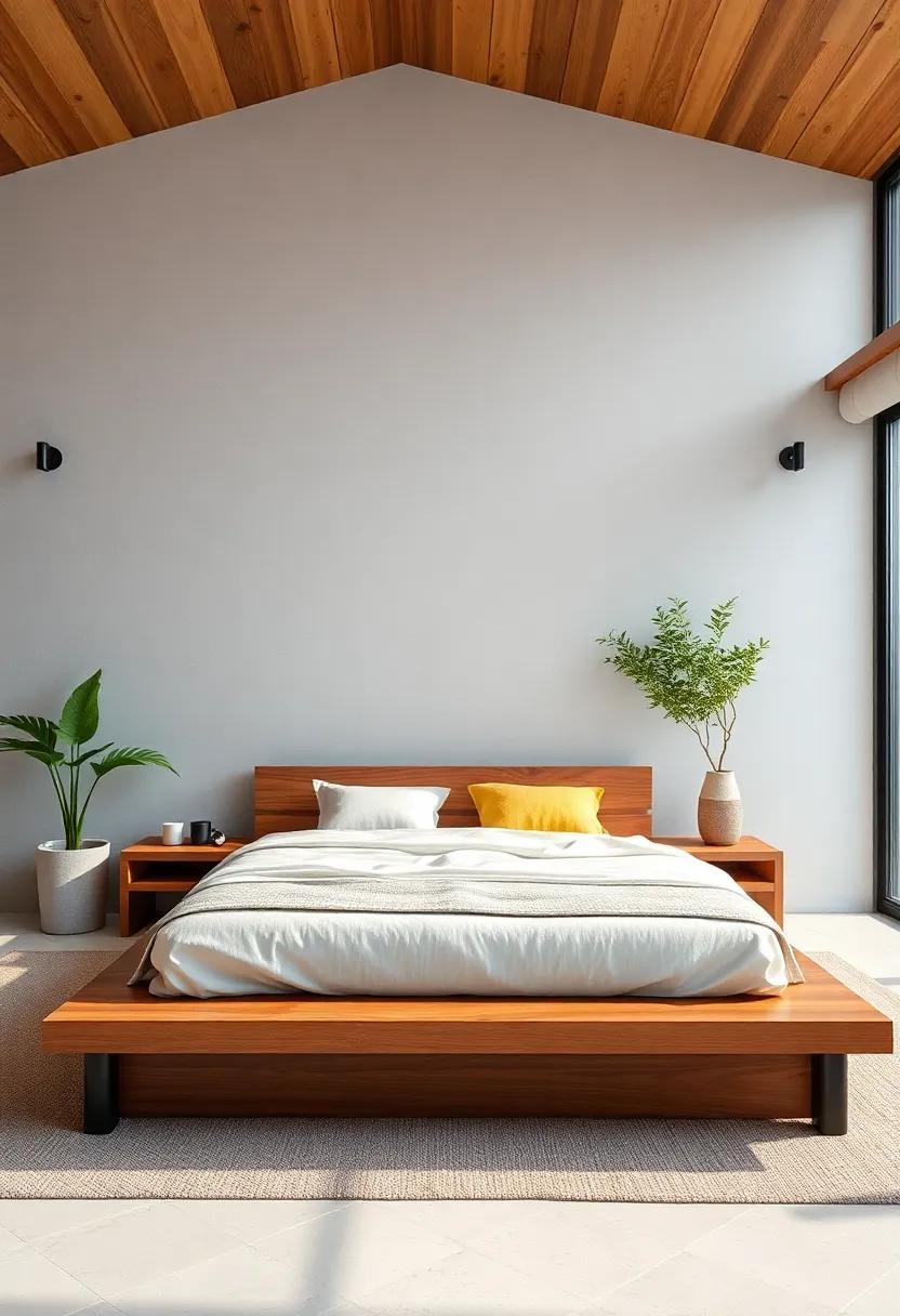 Platform Bed Design: Choose a low-profile platform bed made of natural wood to create a seamless, grounded look in the ​minimalist bedroom