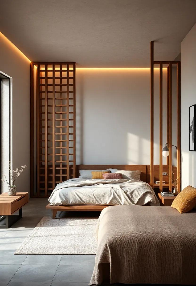 Wooden⁤ Lattice Dividers: Introduce a stylish wooden lattice partition to ⁢create separate⁢ areas within the bedroom while​ maintaining an open feel