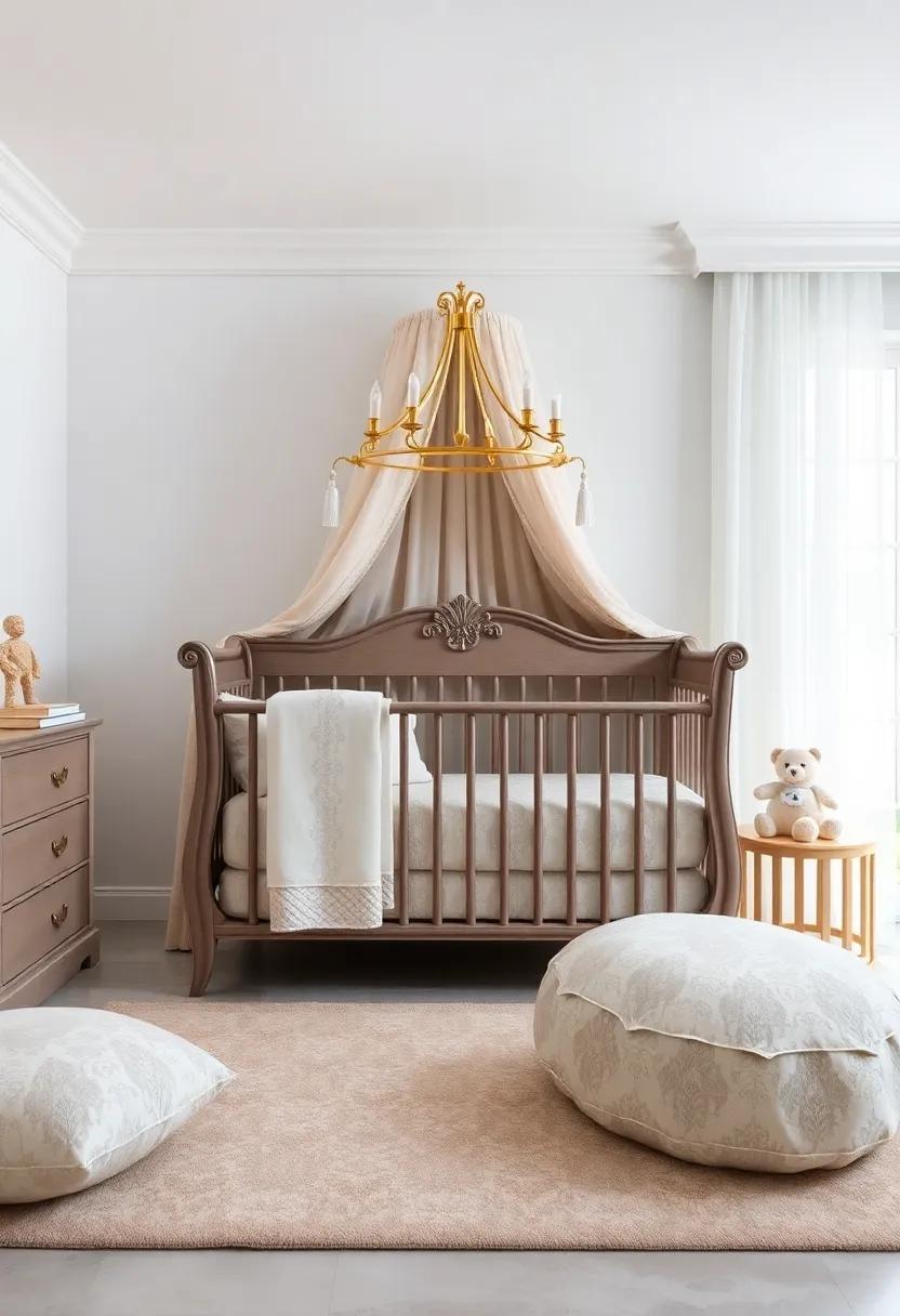 Elegant Crib Linens: Select high-quality fabrics with delicate patterns such ​as crescents or⁣ damask for ‍the⁢ ultimate ‍royal sleeping experience