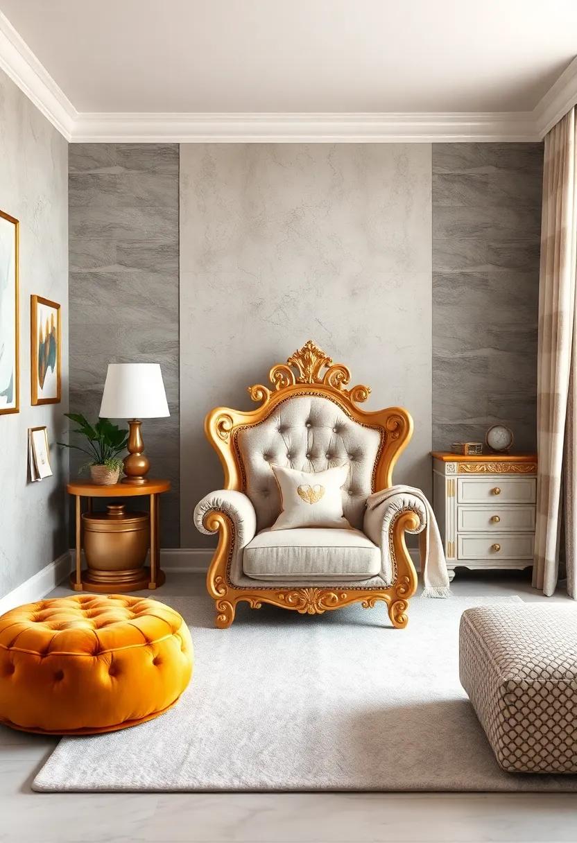 Plush Golden Thrones: Incorporate a luxurious chair or rocking throne in the nursery, providing a cozy spot for reading bedtime stories