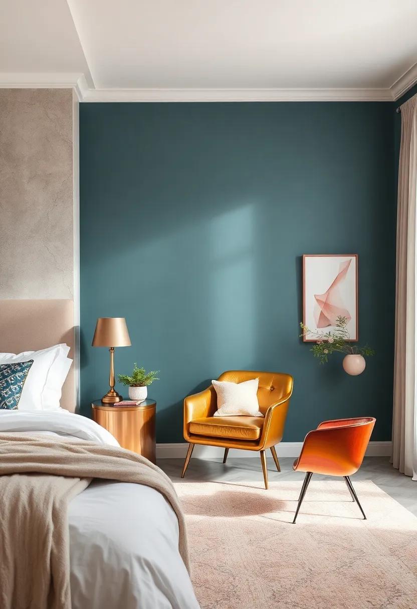 Colorful Metallic Accent Chair: Fuse ⁢color ‌and shine by painting ⁣an accent chair in ⁢a ⁢rich metallic hue,⁢ providing both ‌seating ⁤and ​style to⁣ your ⁢bedroom