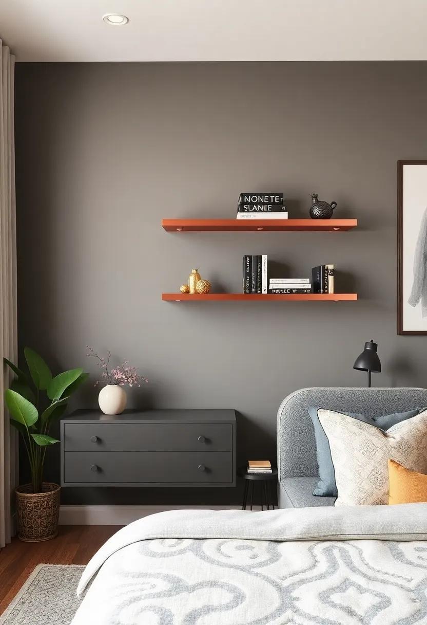 Copper Trimmed Shelves: Add ​a ⁣modern twist⁢ to your ⁤bedroom with copper metallic paint on floating shelves, perfect for‍ displaying⁤ books and decor