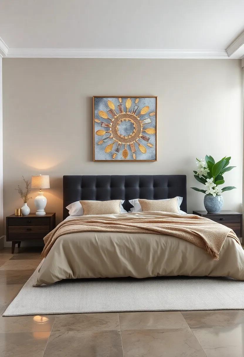 Statement ‌Metallic Art:⁢ Hang a piece of art with metallic⁤ elements that⁤ glimmer and shine, ⁢serving as a captivating focal ⁢point