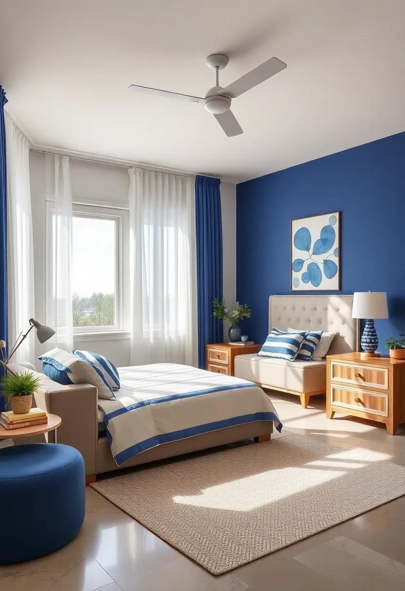 Nautical Vibes: Incorporate sailor stripes in curtains and bedding for a classic maritime look that blends blue and white seamlessly