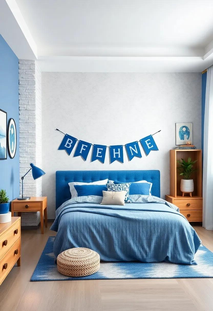 Customized Name Banner: Create‍ a personalized name banner in blue and ‌white that can⁢ be⁤ hung over the bed or desk for ⁤a personal touch