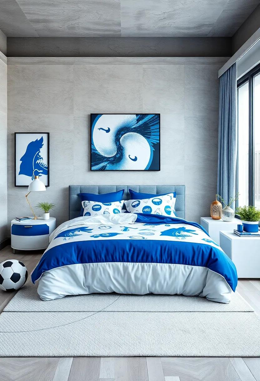 Sporty Bedding: Opt for bedding featuring‍ favorite sports or activities in blue and ⁣white‌ to reflect personal interests in style